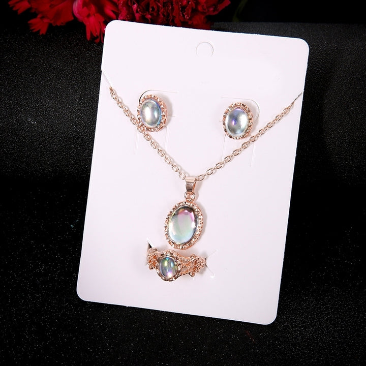 3Pcs Shiny Oval Faux Gemstone Charm Necklace Earrings Ring Women Jewelry Image 4