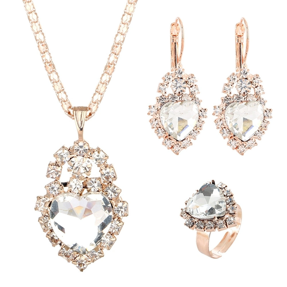 Wedding Heart Pendant Rhinestone Inlay Necklace Earrings Ring Bridal Jewelry Set Image 6