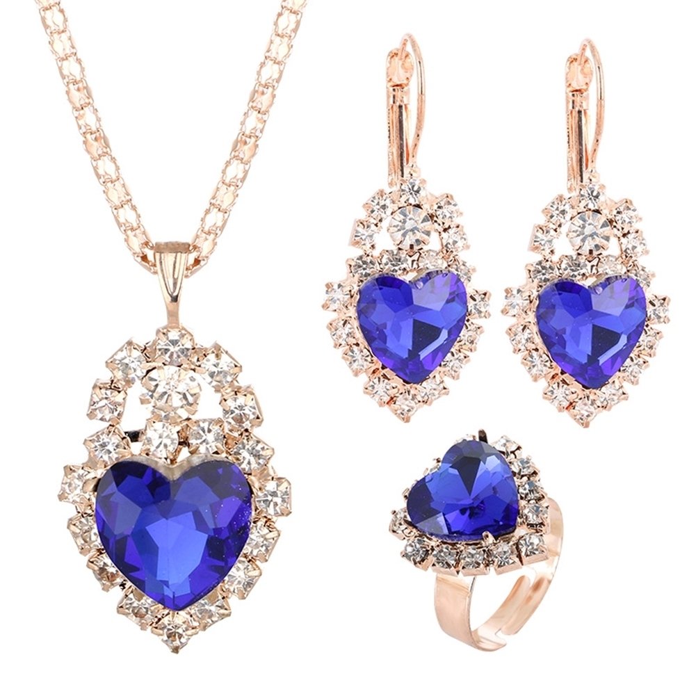 Wedding Heart Pendant Rhinestone Inlay Necklace Earrings Ring Bridal Jewelry Set Image 7