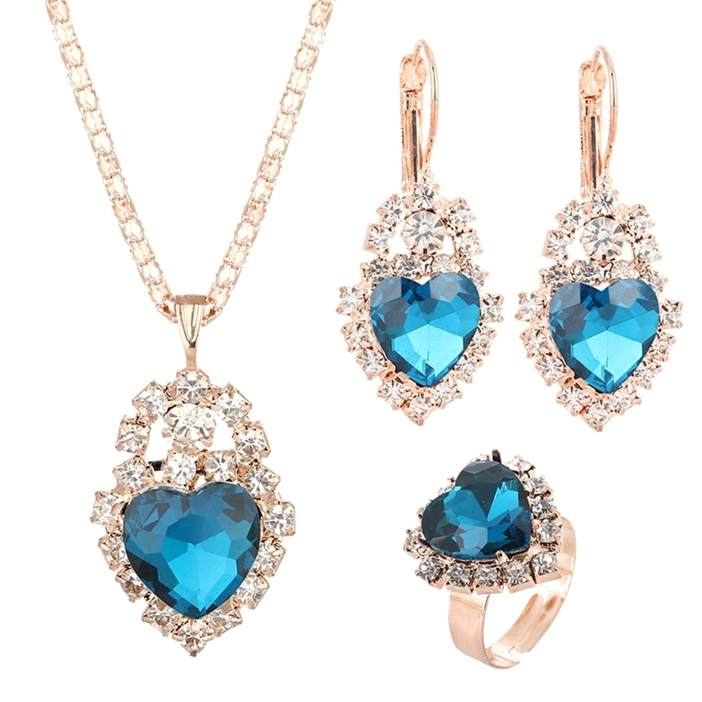 Wedding Heart Pendant Rhinestone Inlay Necklace Earrings Ring Bridal Jewelry Set Image 8