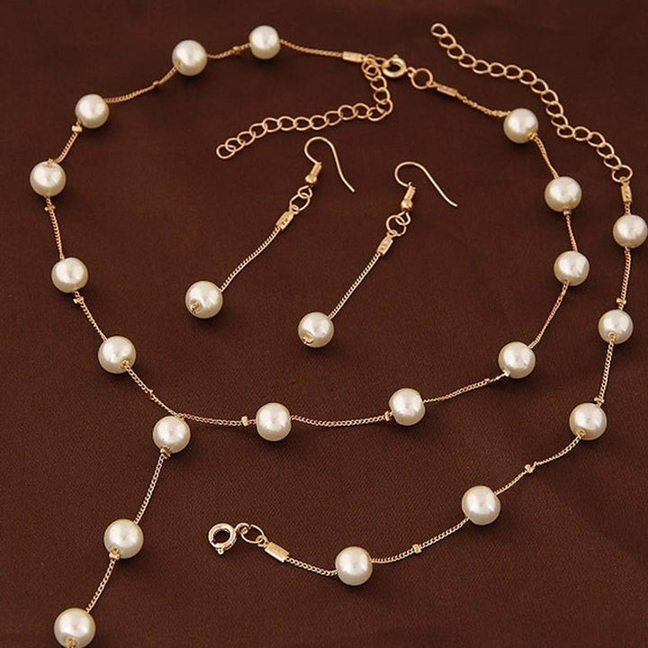 3Pcs Sweet Women Faux Pearl Long Chain Dangle Earrings Bracelet Necklace Image 1