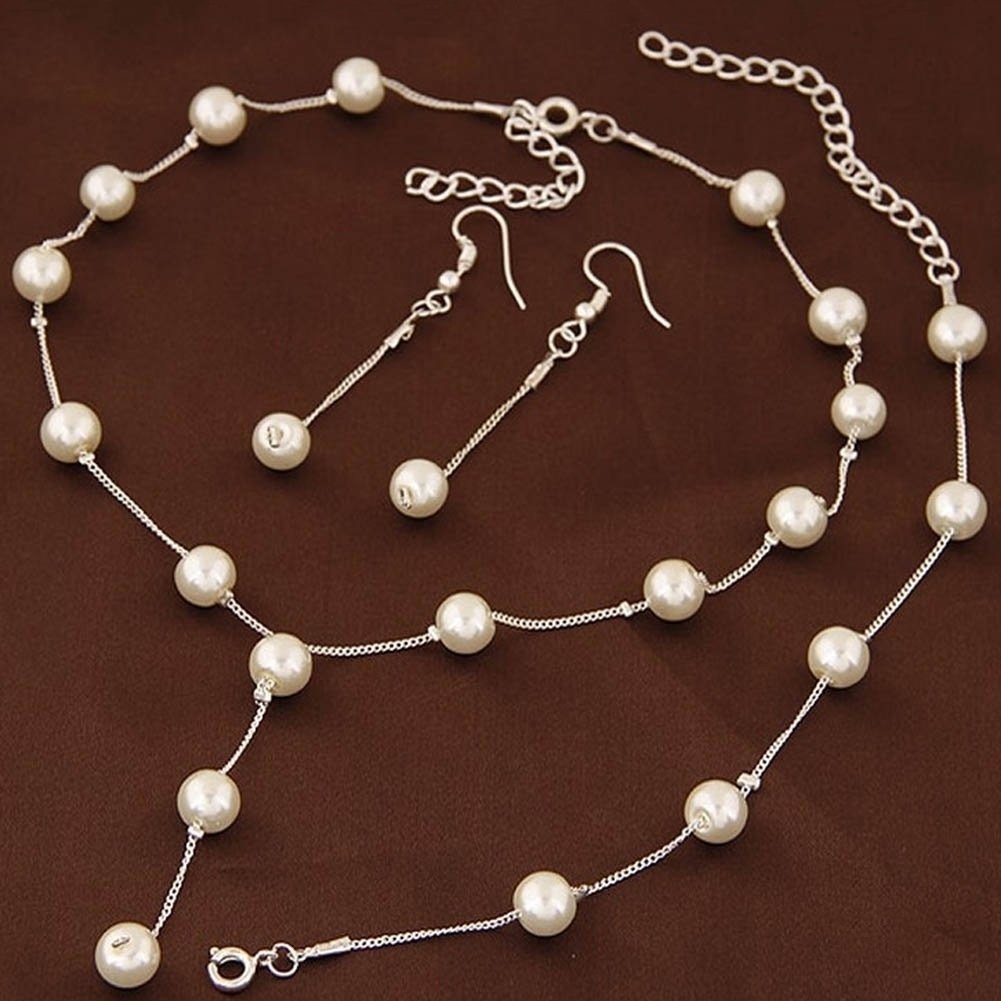 3Pcs Sweet Women Faux Pearl Long Chain Dangle Earrings Bracelet Necklace Image 2