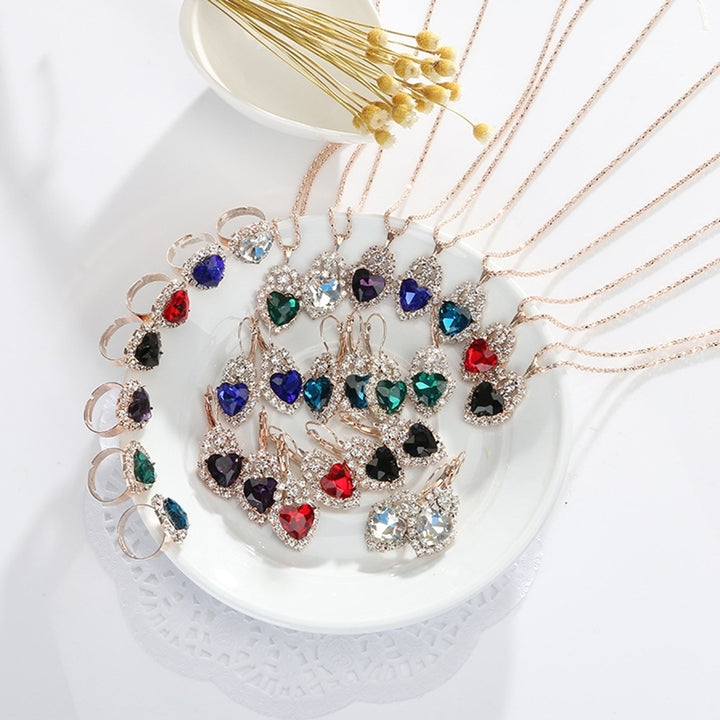 Wedding Heart Pendant Rhinestone Inlay Necklace Earrings Ring Bridal Jewelry Set Image 11