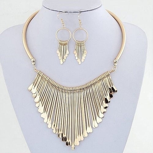 Women Fashion Jewelry Set Tassel Pendant Chain Choker Collar Necklace Earrings Image 1