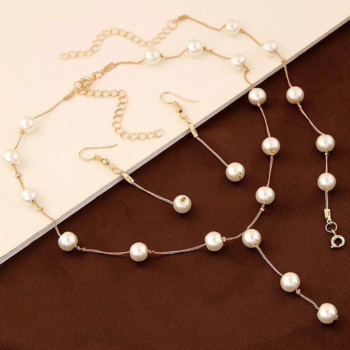 3Pcs Sweet Women Faux Pearl Long Chain Dangle Earrings Bracelet Necklace Image 6