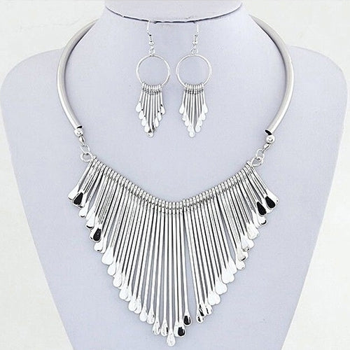 Women Fashion Jewelry Set Tassel Pendant Chain Choker Collar Necklace Earrings Image 2