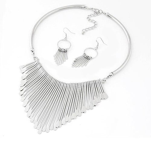 Women Fashion Jewelry Set Tassel Pendant Chain Choker Collar Necklace Earrings Image 3