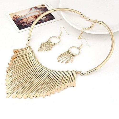 Women Fashion Jewelry Set Tassel Pendant Chain Choker Collar Necklace Earrings Image 4