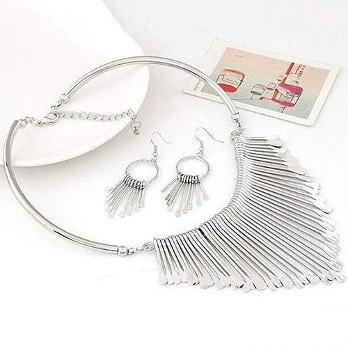 Women Fashion Jewelry Set Tassel Pendant Chain Choker Collar Necklace Earrings Image 4