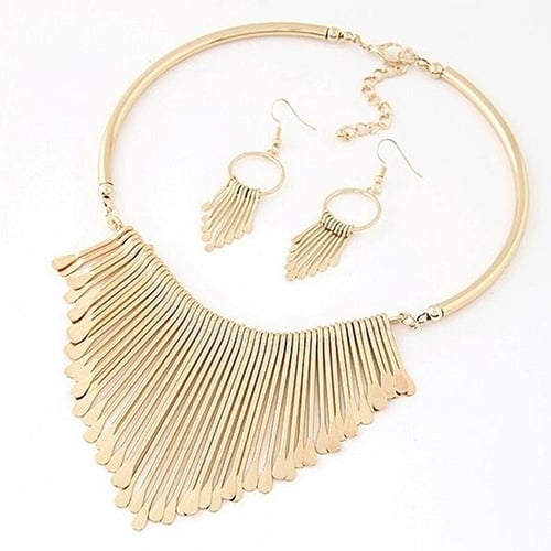 Women Fashion Jewelry Set Tassel Pendant Chain Choker Collar Necklace Earrings Image 6