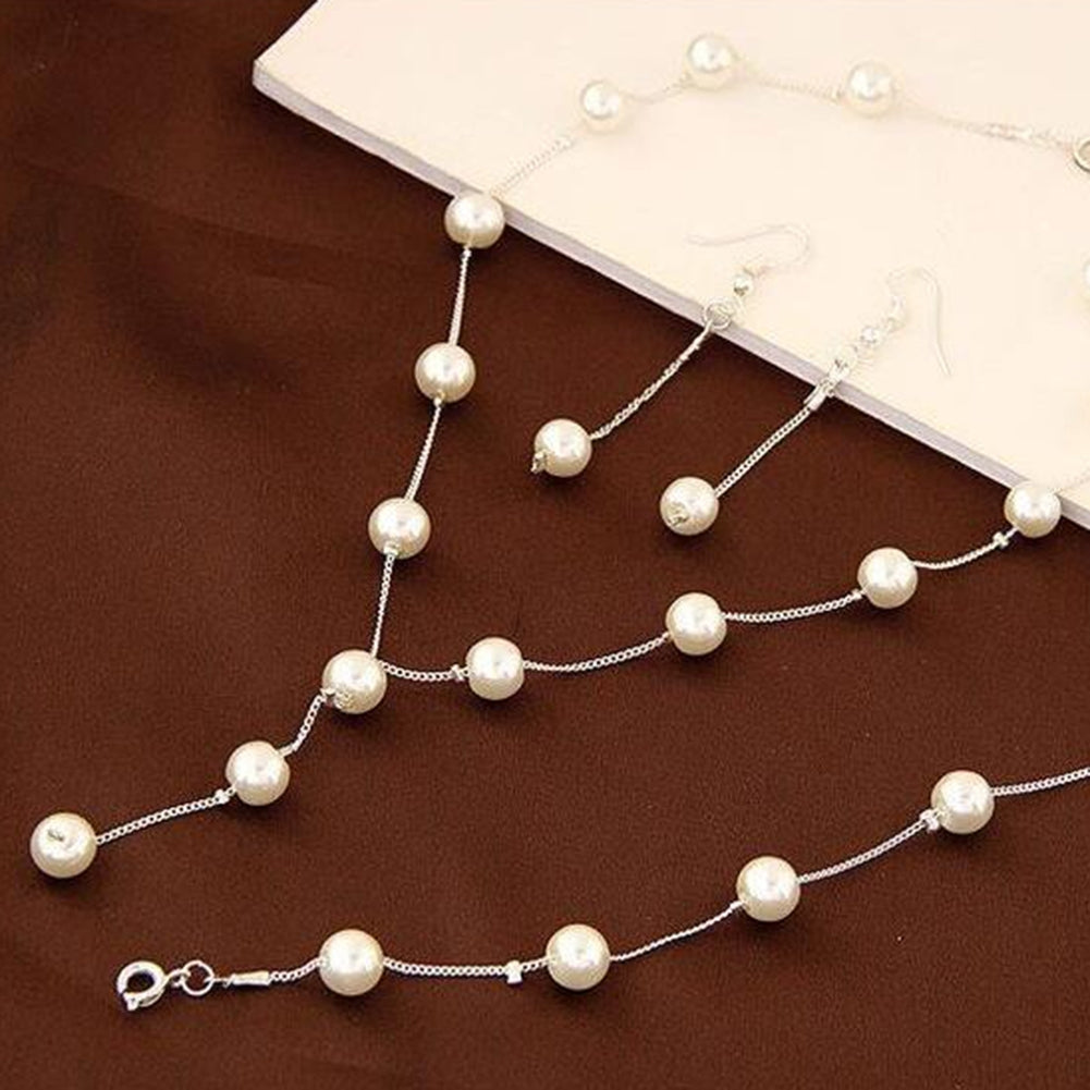 3Pcs Sweet Women Faux Pearl Long Chain Dangle Earrings Bracelet Necklace Image 9