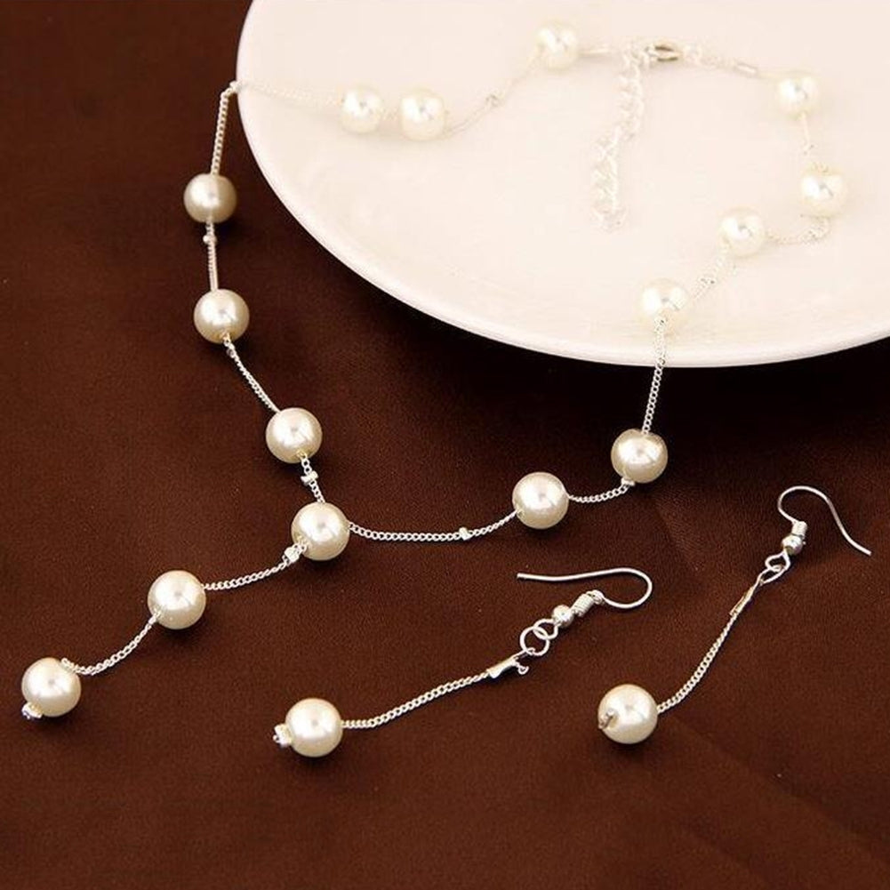 3Pcs Sweet Women Faux Pearl Long Chain Dangle Earrings Bracelet Necklace Image 10