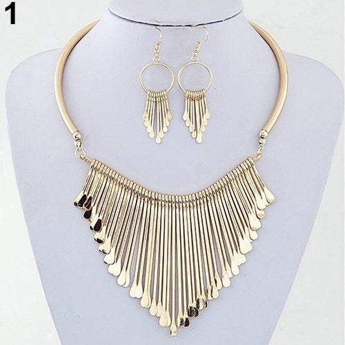 Women Fashion Jewelry Set Tassel Pendant Chain Choker Collar Necklace Earrings Image 7