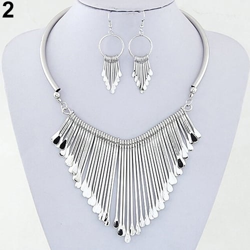 Women Fashion Jewelry Set Tassel Pendant Chain Choker Collar Necklace Earrings Image 8