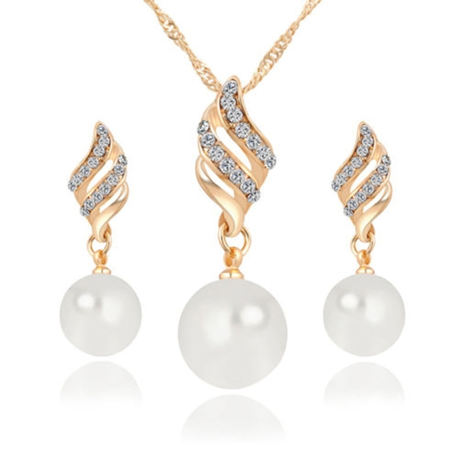 Women Wedding Rhinestone Faux Pearl Spiral Pendant Necklace Earrings Jewelry Set Image 1