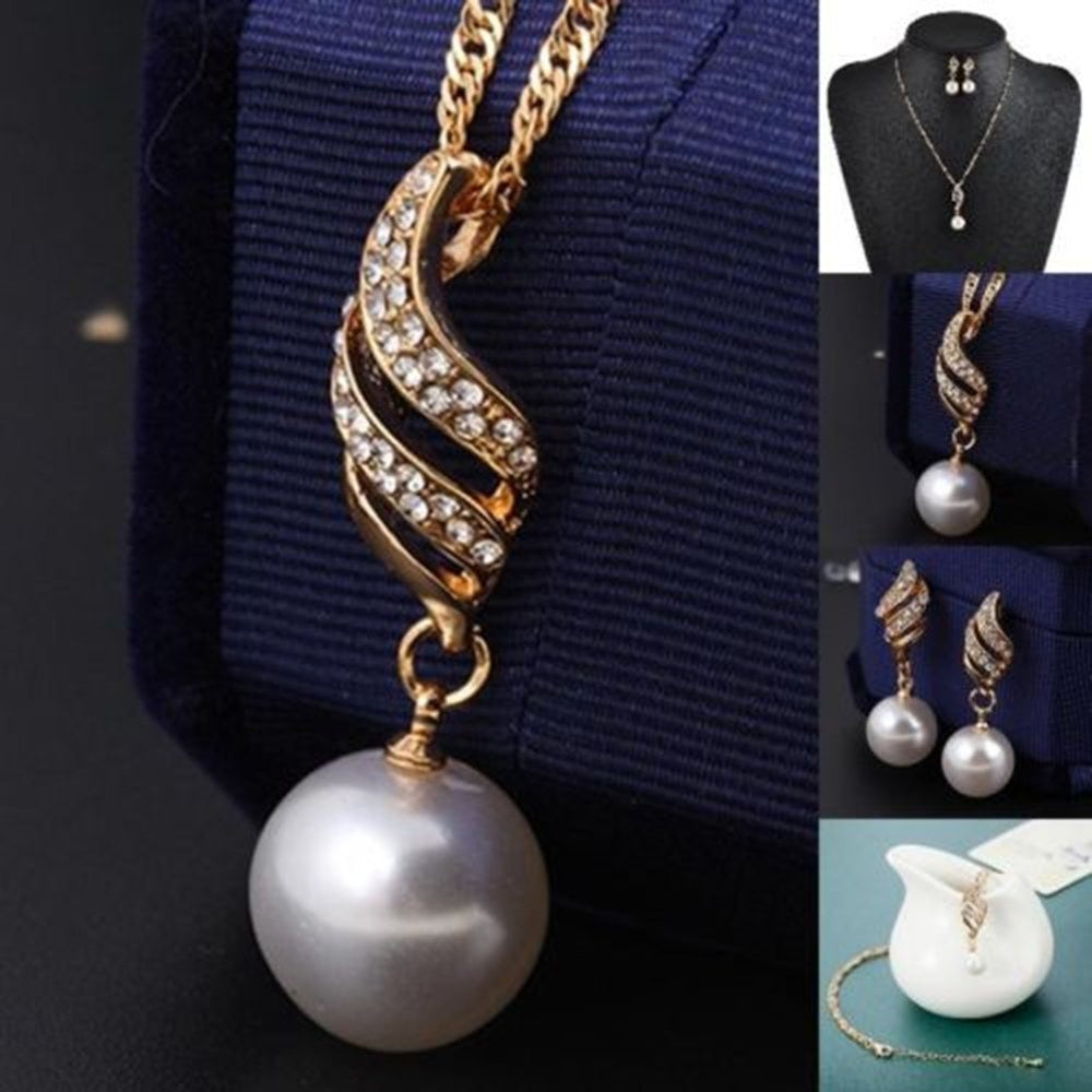 Women Wedding Rhinestone Faux Pearl Spiral Pendant Necklace Earrings Jewelry Set Image 2