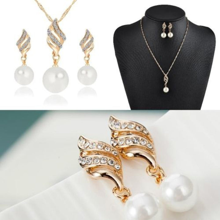 Women Wedding Rhinestone Faux Pearl Spiral Pendant Necklace Earrings Jewelry Set Image 3