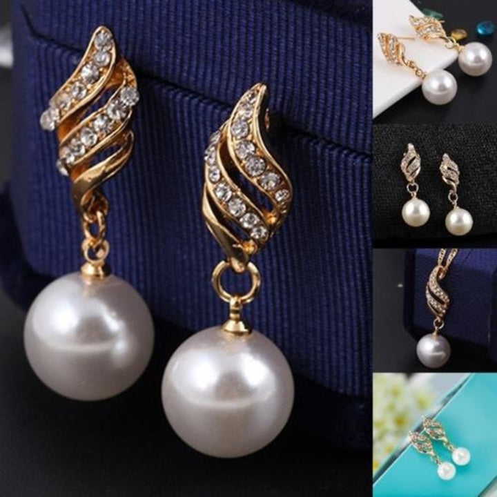 Women Wedding Rhinestone Faux Pearl Spiral Pendant Necklace Earrings Jewelry Set Image 4