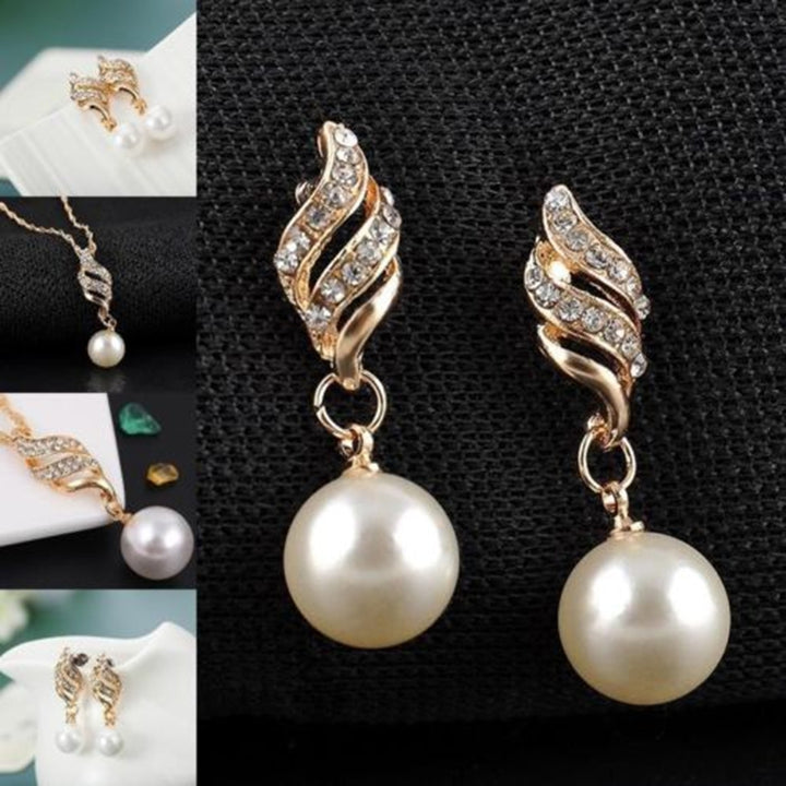 Women Wedding Rhinestone Faux Pearl Spiral Pendant Necklace Earrings Jewelry Set Image 4