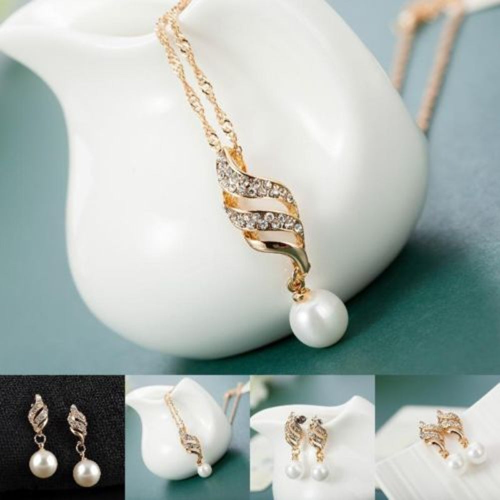 Women Wedding Rhinestone Faux Pearl Spiral Pendant Necklace Earrings Jewelry Set Image 6