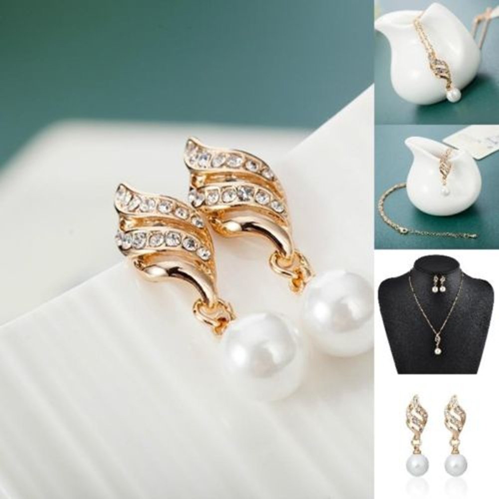 Women Wedding Rhinestone Faux Pearl Spiral Pendant Necklace Earrings Jewelry Set Image 7