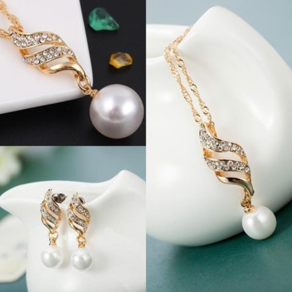 Women Wedding Rhinestone Faux Pearl Spiral Pendant Necklace Earrings Jewelry Set Image 8