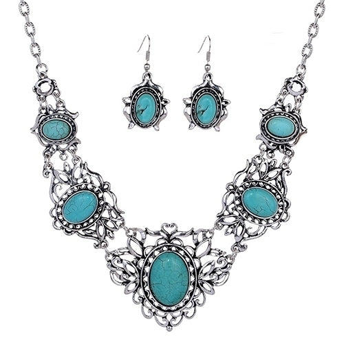 Womens Hollow Tibetan Oval Turquoise Bib Collar Necklace Earrings Jewelry Set Image 3