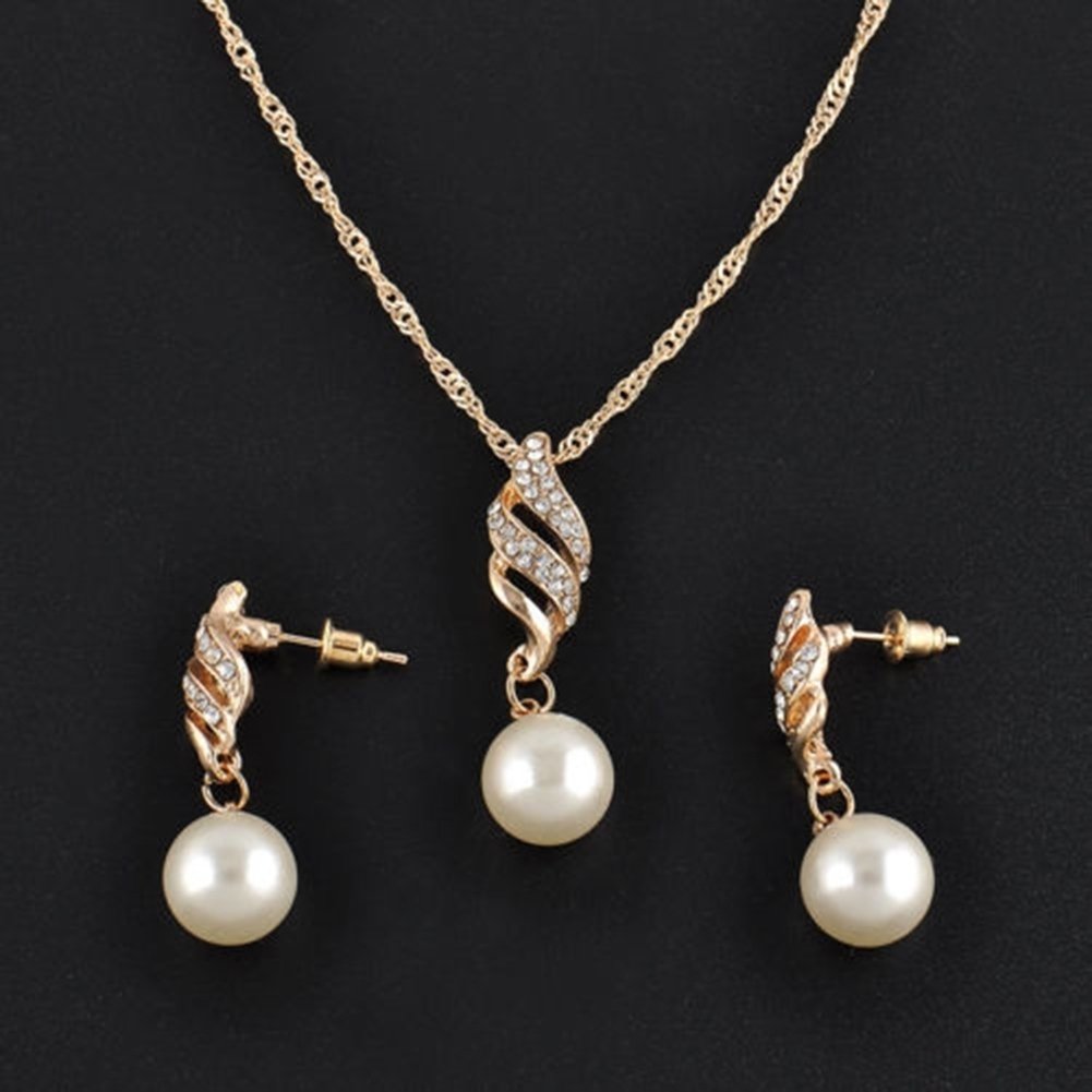 Women Wedding Rhinestone Faux Pearl Spiral Pendant Necklace Earrings Jewelry Set Image 10