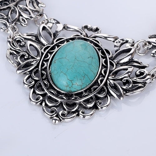 Womens Hollow Tibetan Oval Turquoise Bib Collar Necklace Earrings Jewelry Set Image 4