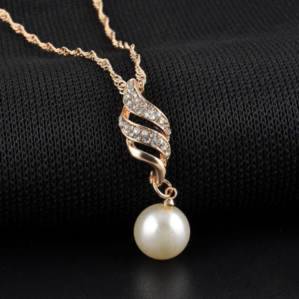 Women Wedding Rhinestone Faux Pearl Spiral Pendant Necklace Earrings Jewelry Set Image 12