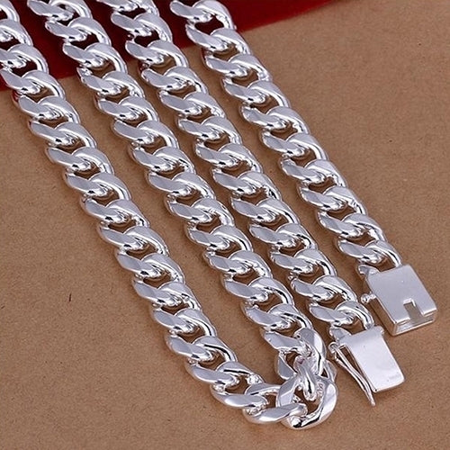 Fashion Mens 925 Sterling Silver Flat Sideways Necklace Bracelet Jewelry Set Image 2