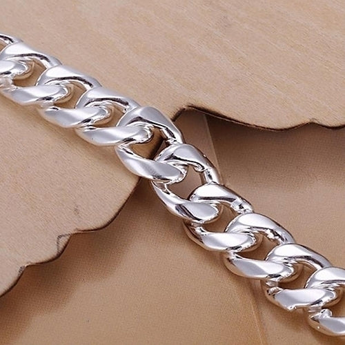 Fashion Mens 925 Sterling Silver Flat Sideways Necklace Bracelet Jewelry Set Image 3