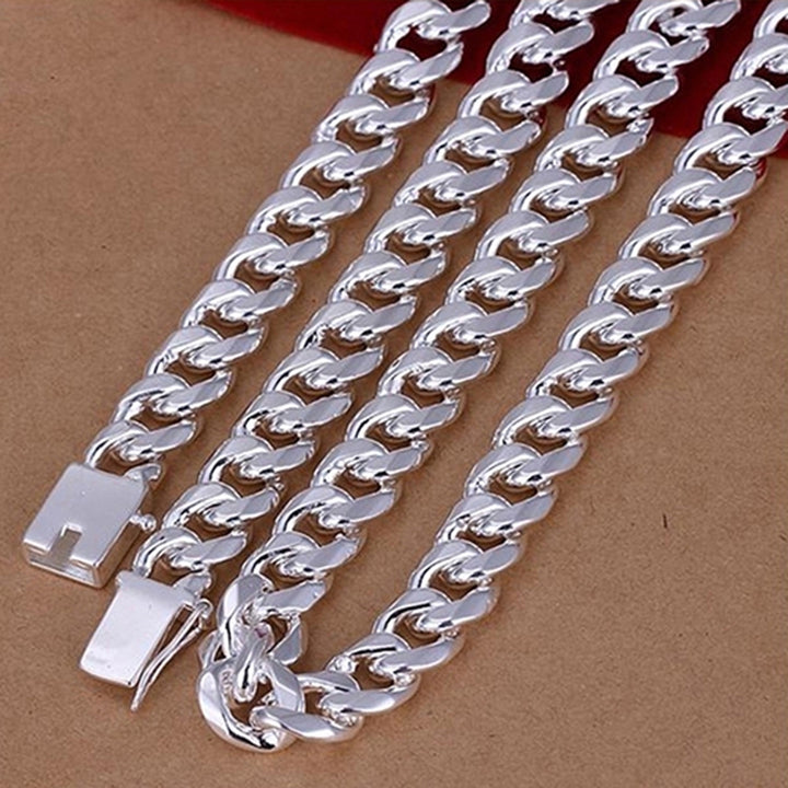 Fashion Mens 925 Sterling Silver Flat Sideways Necklace Bracelet Jewelry Set Image 4