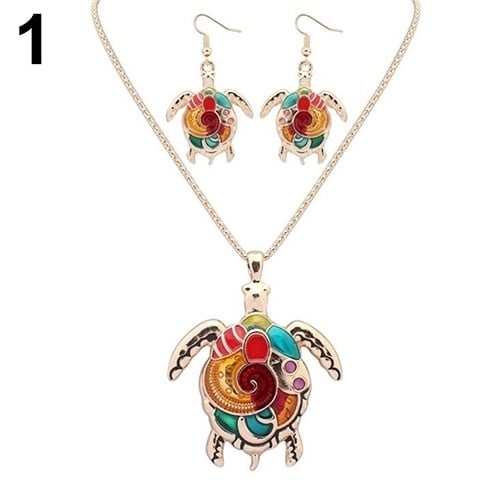 Multi-Color Tortoise Pendant Necklace Turtle Drop Hook Earrings Jewelry Set Image 8