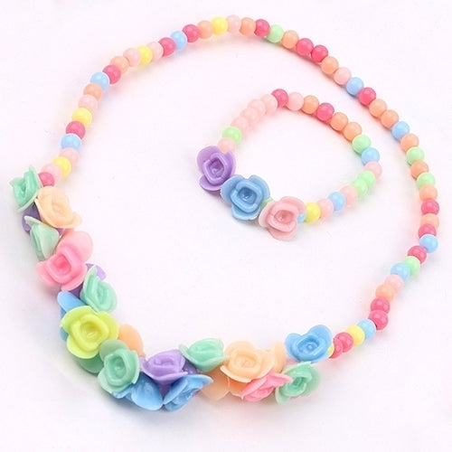 Kids Girls Lovely Multicolor Beads Flowers Necklace Bracelet 2 in 1 Party Jewelry Set Image 4