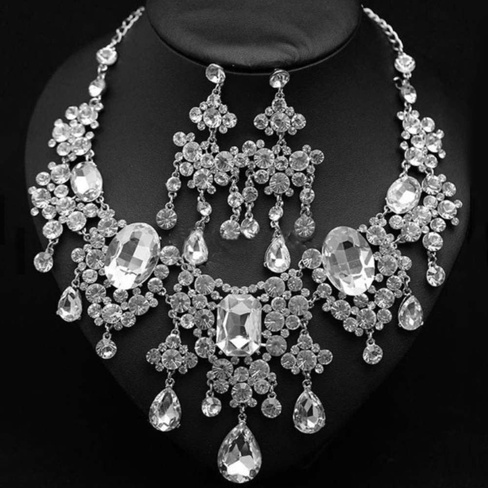 2Pcs Shiny Full Rhinestone Tassel Bridal Statement Bib Necklace Earrings Image 1