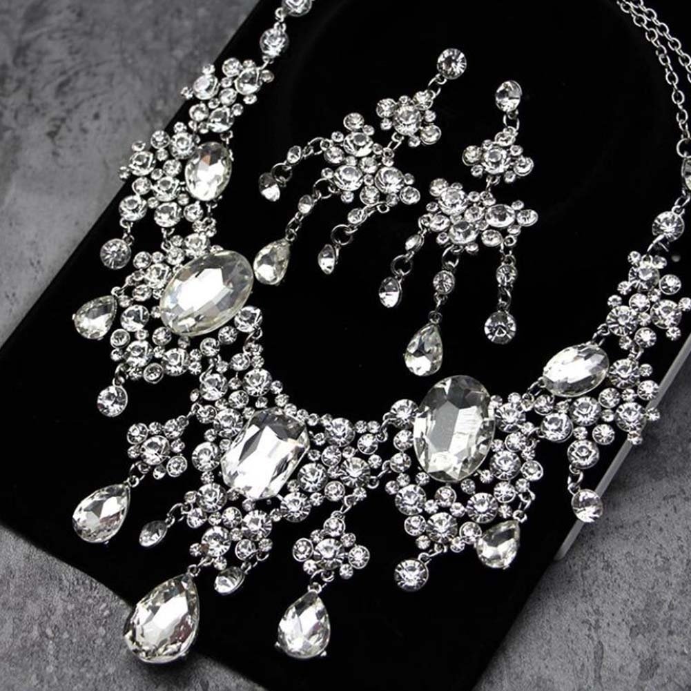 2Pcs Shiny Full Rhinestone Tassel Bridal Statement Bib Necklace Earrings Image 2