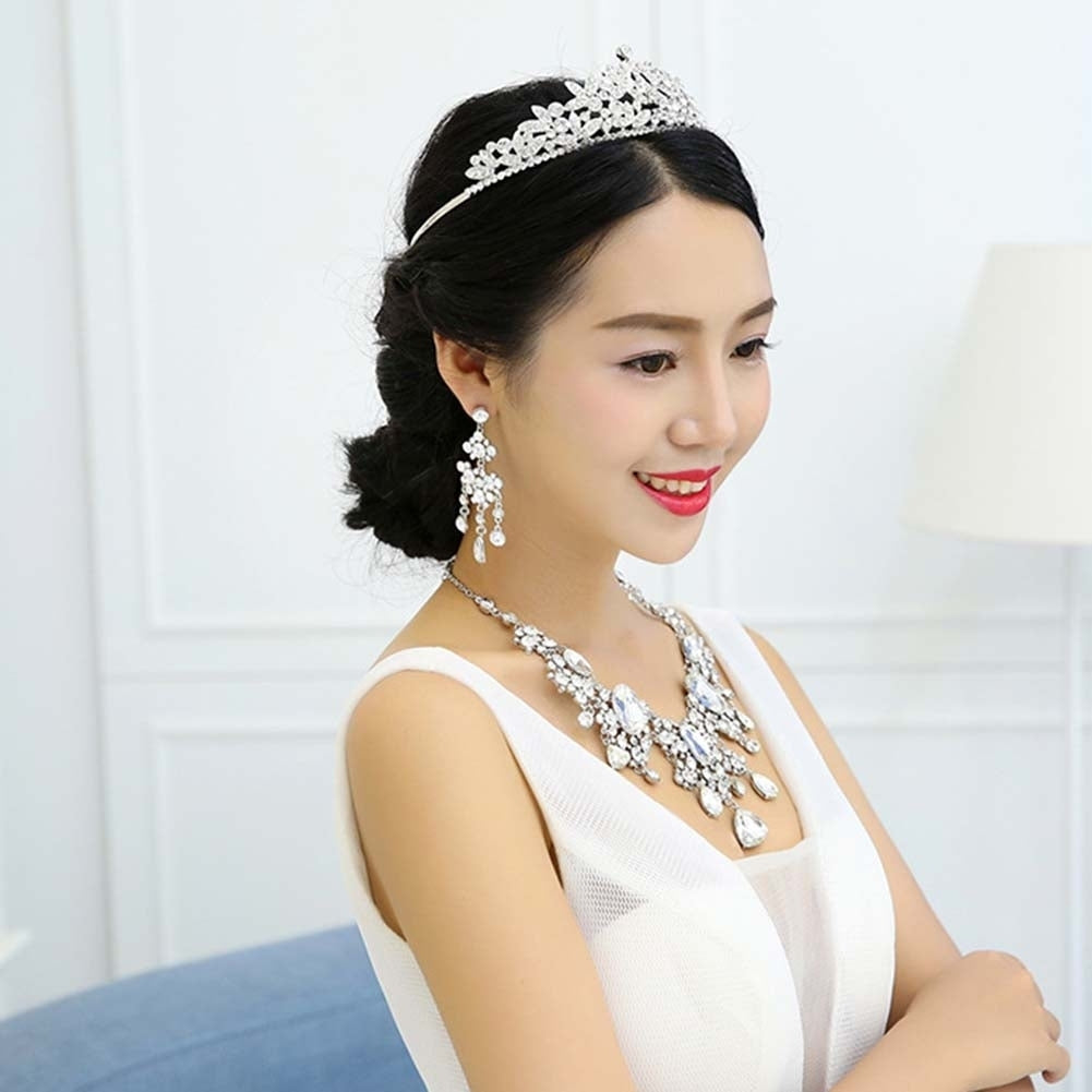 2Pcs Shiny Full Rhinestone Tassel Bridal Statement Bib Necklace Earrings Image 7