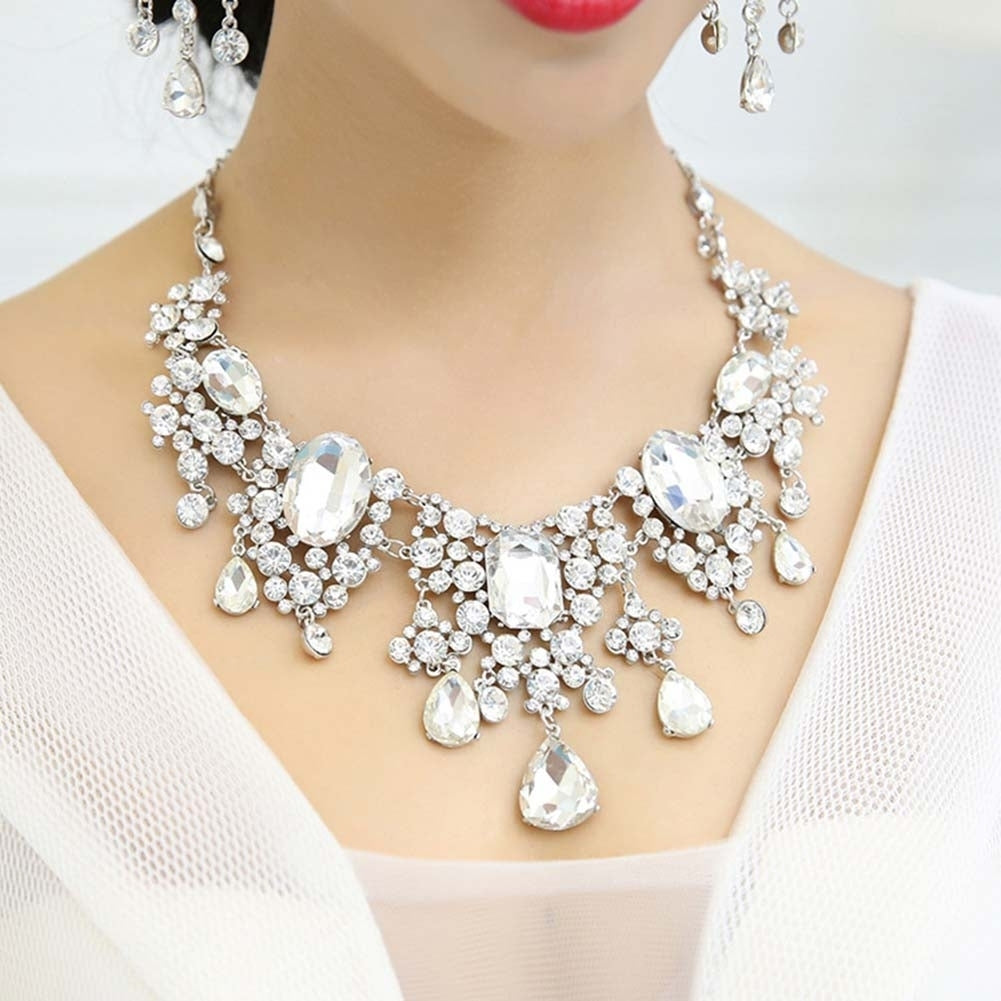 2Pcs Shiny Full Rhinestone Tassel Bridal Statement Bib Necklace Earrings Image 8