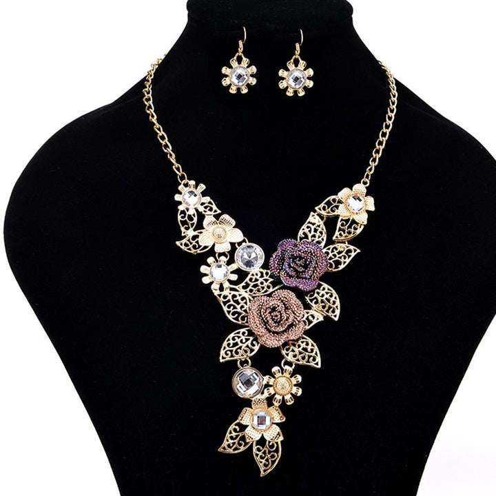 Women Rhinestone Inlaid Hollow Leaf Flower Pendant Earrings Necklace Jewelry Set Image 1