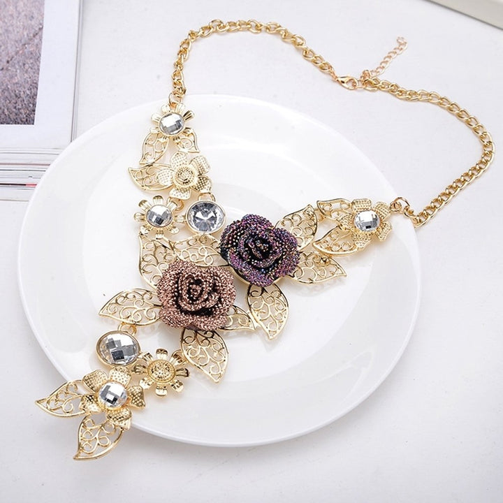 Women Rhinestone Inlaid Hollow Leaf Flower Pendant Earrings Necklace Jewelry Set Image 2