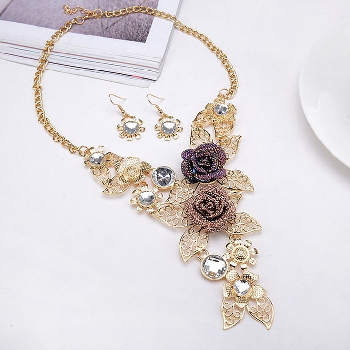 Women Rhinestone Inlaid Hollow Leaf Flower Pendant Earrings Necklace Jewelry Set Image 3