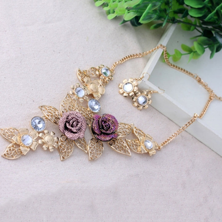 Women Rhinestone Inlaid Hollow Leaf Flower Pendant Earrings Necklace Jewelry Set Image 4