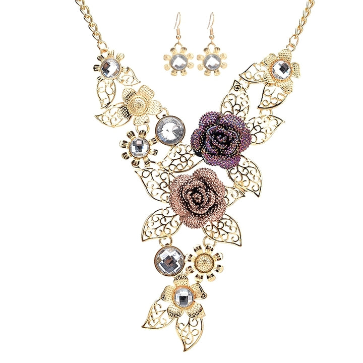 Women Rhinestone Inlaid Hollow Leaf Flower Pendant Earrings Necklace Jewelry Set Image 6