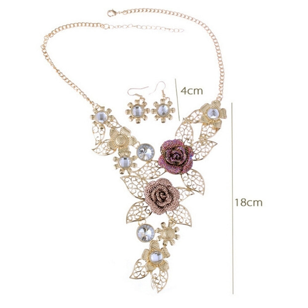 Women Rhinestone Inlaid Hollow Leaf Flower Pendant Earrings Necklace Jewelry Set Image 8