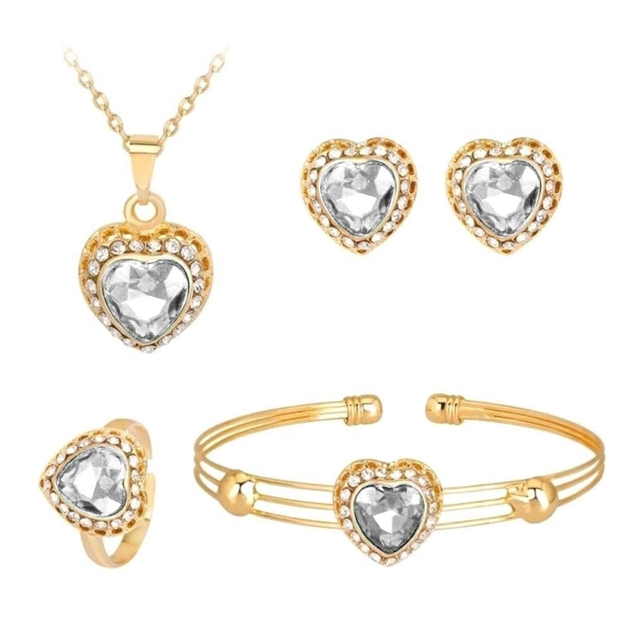 Women Rhinestone Heart Pendant Necklace Earrings Ring Bracelet Jewelry Set Gift Image 1