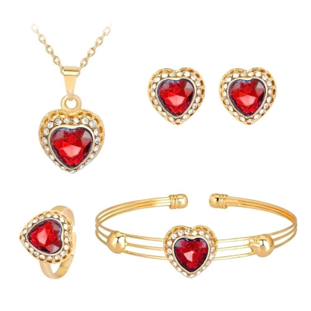 Women Rhinestone Heart Pendant Necklace Earrings Ring Bracelet Jewelry Set Gift Image 2