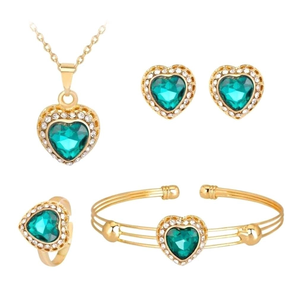 Women Rhinestone Heart Pendant Necklace Earrings Ring Bracelet Jewelry Set Gift Image 3