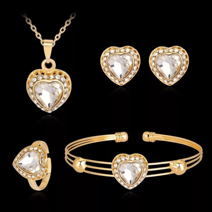 Women Rhinestone Heart Pendant Necklace Earrings Ring Bracelet Jewelry Set Gift Image 4