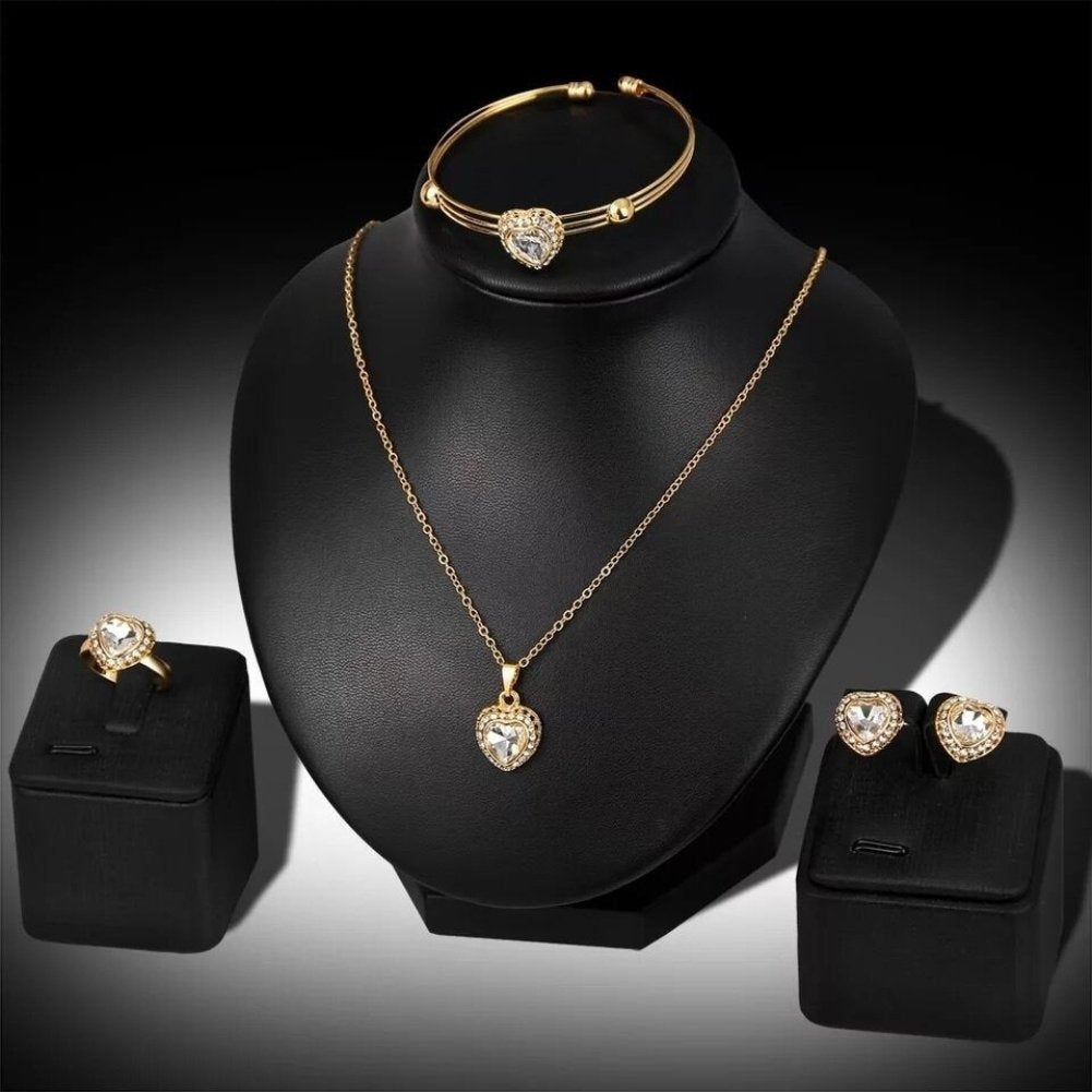 Women Rhinestone Heart Pendant Necklace Earrings Ring Bracelet Jewelry Set Gift Image 4